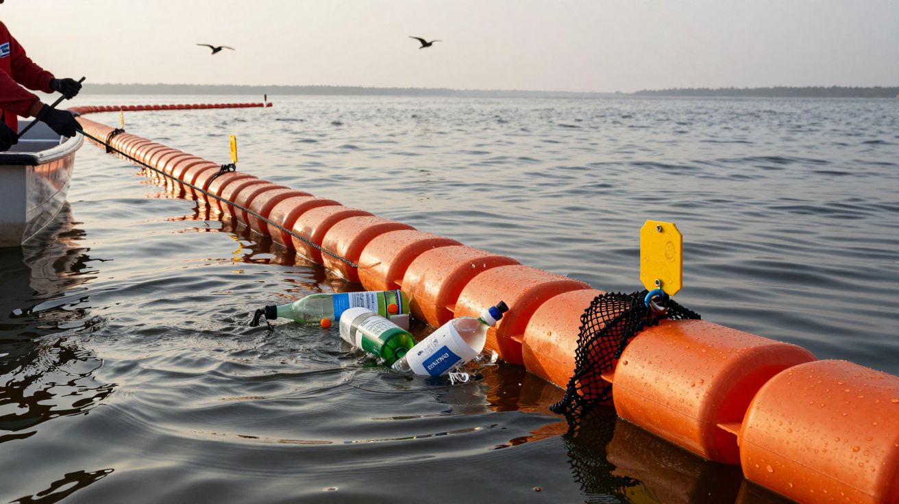 Barreras naranjas en el agua capturan botellas de plástico flotantes; aves vuelan sobre el mar.