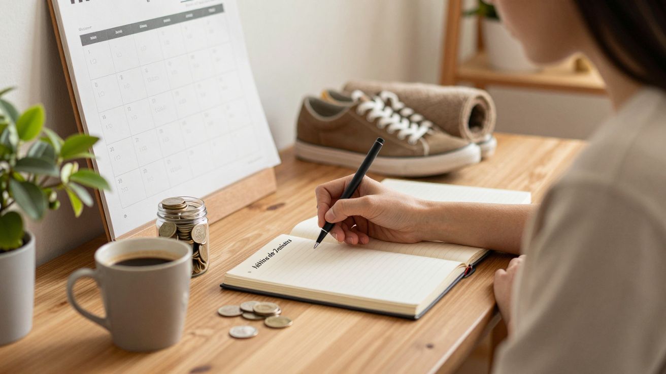 Persona escribiendo en un cuaderno en un escritorio de madera, con una taza de café, monedas y un calendario.