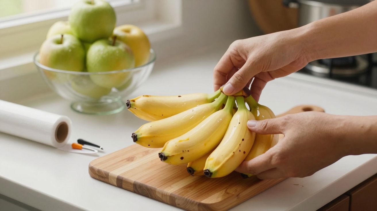 Manos colocando plátanos en una tabla de cortar en una cocina, junto a un bol de manzanas verdes.