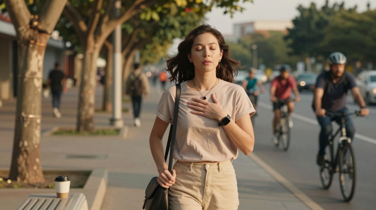Mujer con gesto pensativo camina en acera concurrida junto a ciclistas, sosteniendo el pecho con una mano.