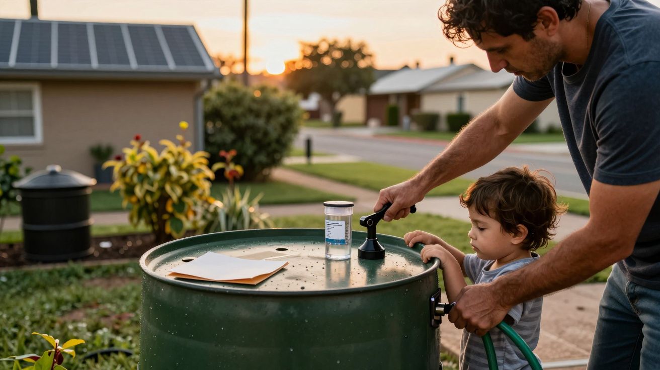 Hombre y niño llenan una regadera con agua de un barril en un jardín al atardecer. Casa de fondo con paneles solares.