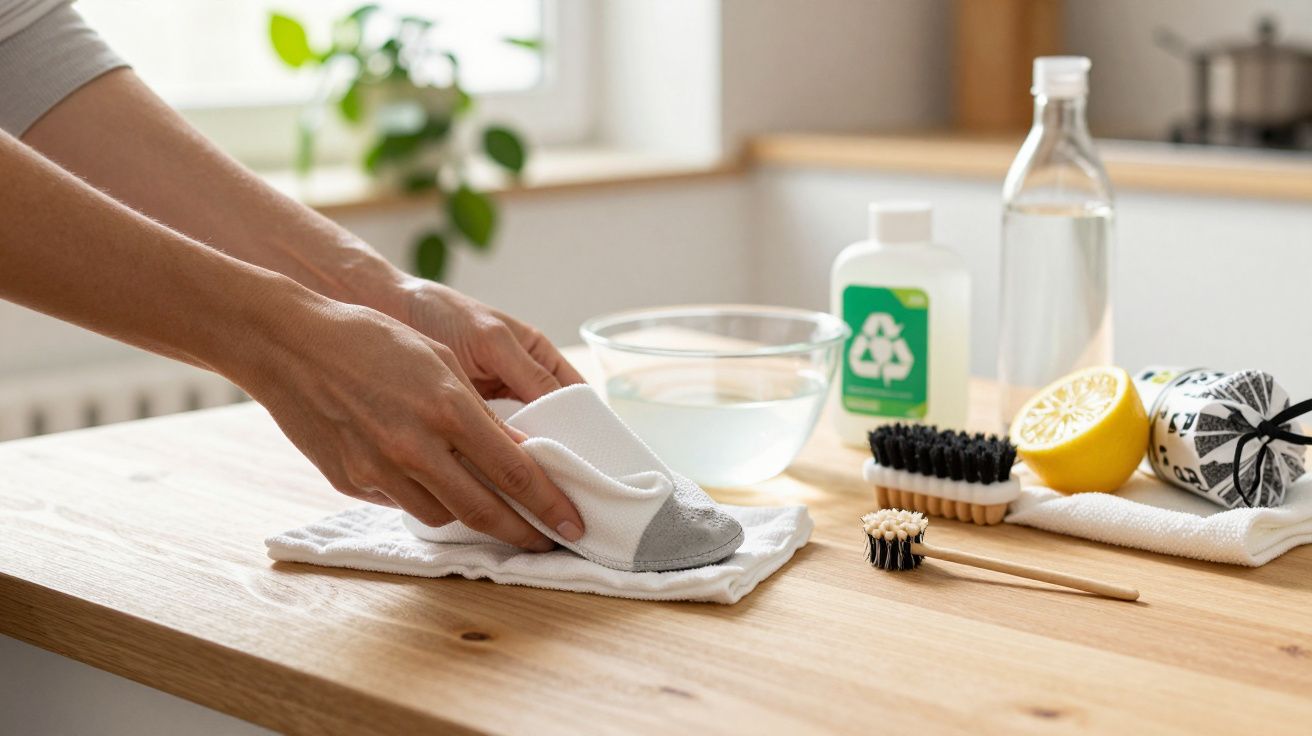 Manos limpiando una mesa de madera con productos de limpieza ecológicos y un limón partido por la mitad.