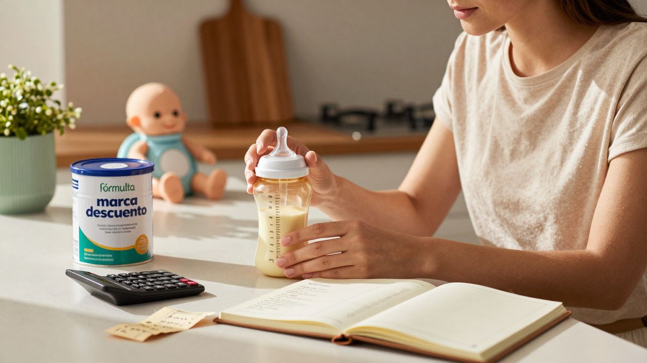 Mujer sentada en una cocina con biberón, fórmula infantil, y cuaderno abierto sobre la mesa.