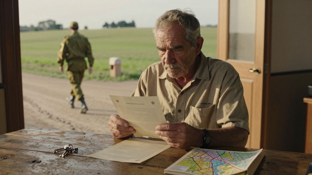 Hombre mayor leyendo una carta en una mesa con un mapa mientras un soldado camina hacia el campo en segundo plano.