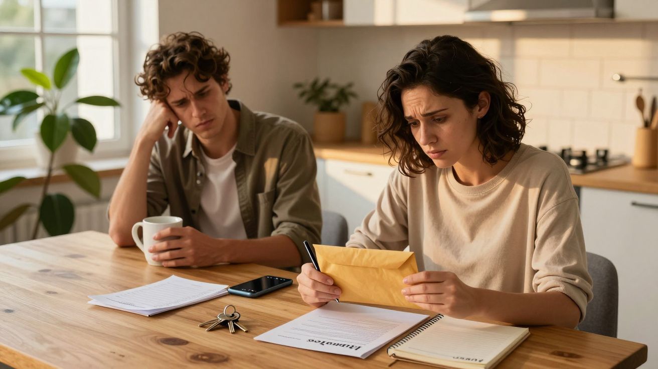Pareja preocupada revisando documentación en la mesa de la cocina, con tazas, llaves y un móvil cerca.
