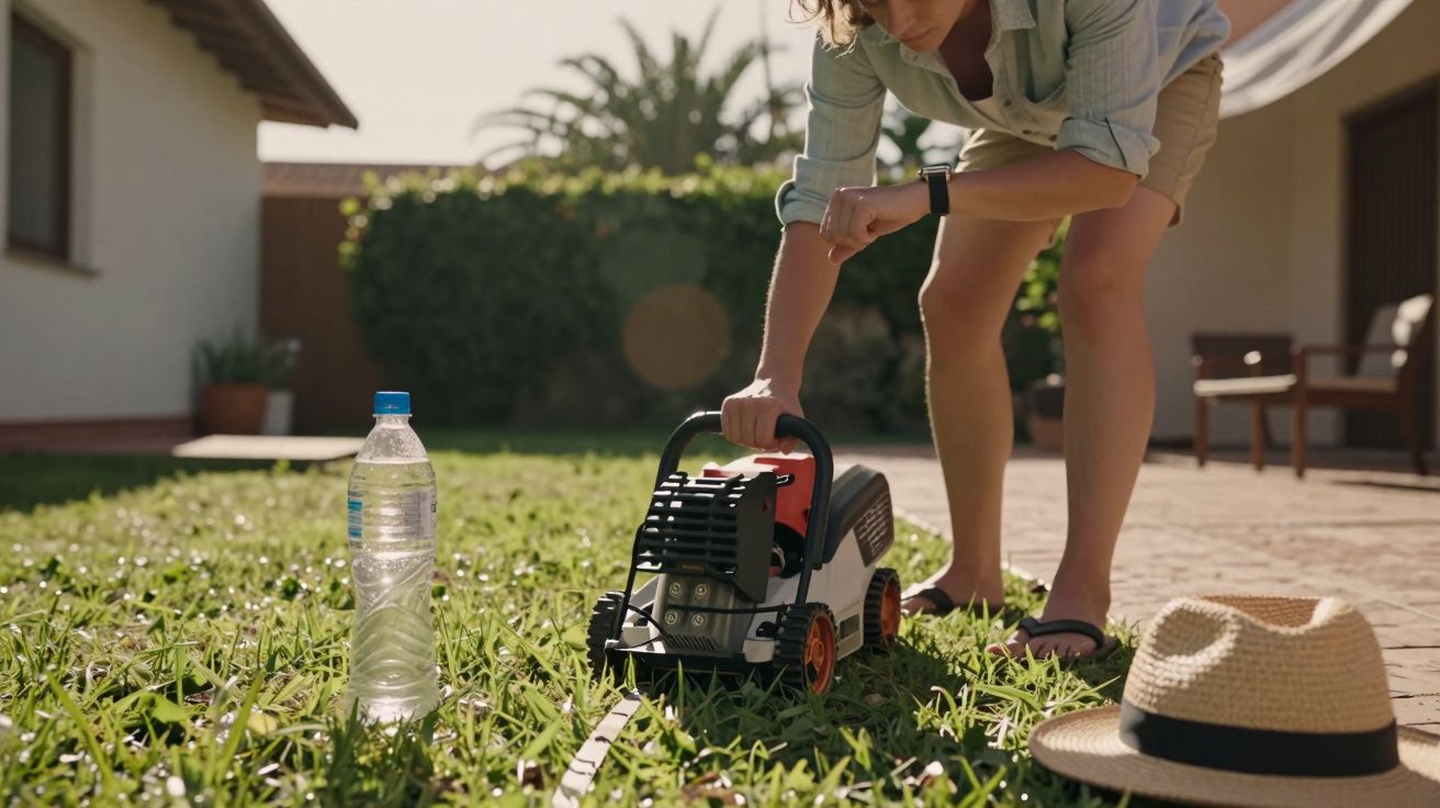 Persona encendiendo un cortacésped en un jardín, con una botella de agua y un sombrero en el césped, junto a una casa.