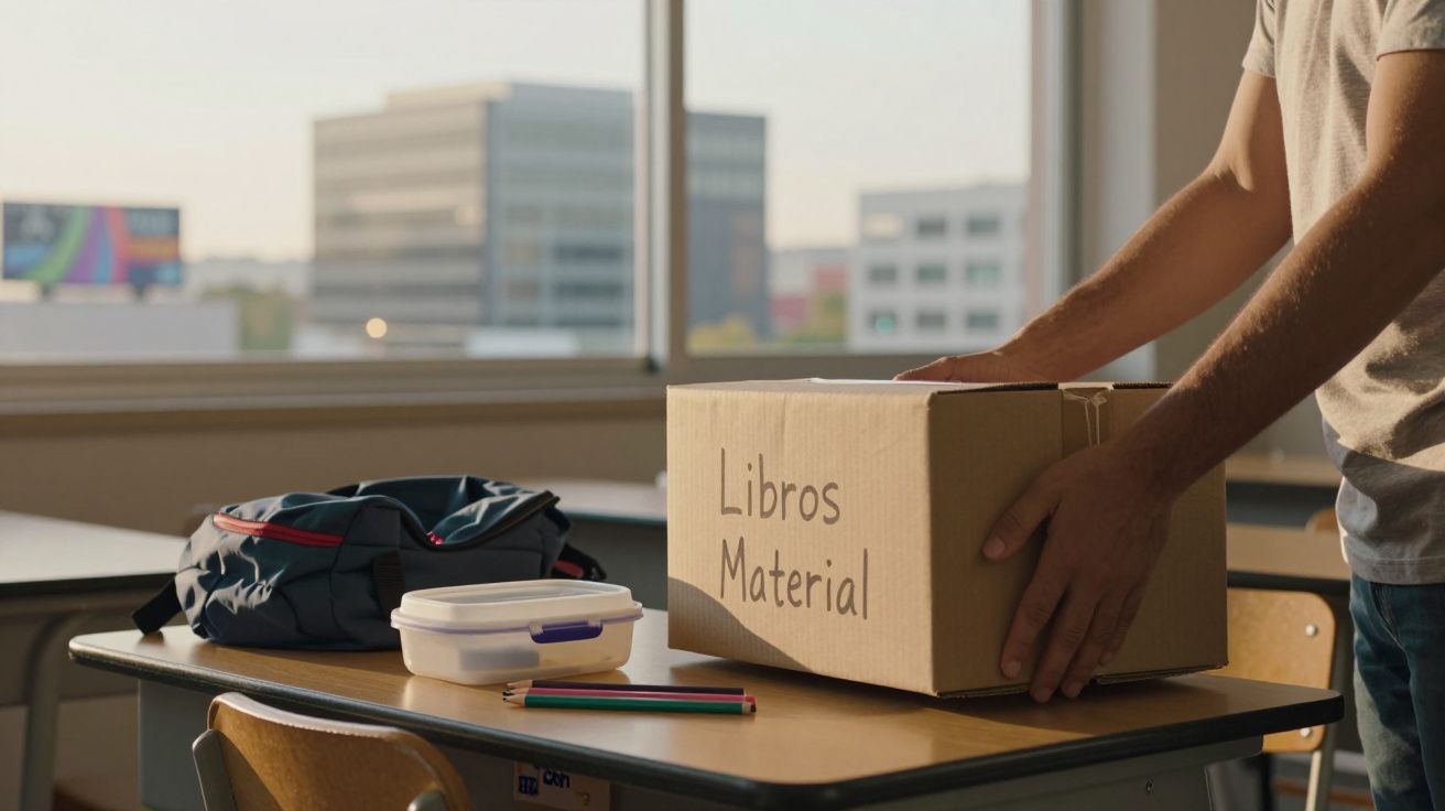 Persona colocando una caja etiquetada "Libros Material" sobre un pupitre, con una mochila y estuche cerca.