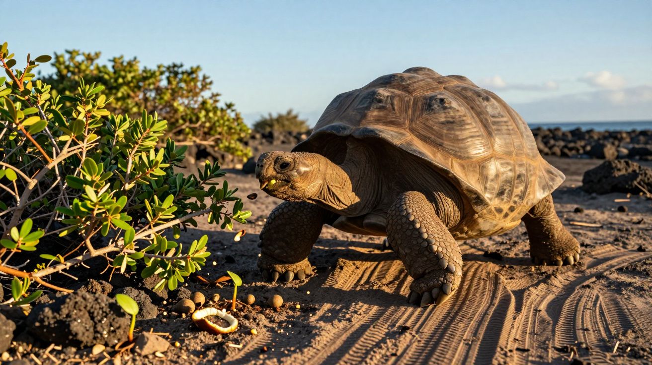 Tortuga terrestre caminando sobre arena con vegetación y cielo despejado al fondo.