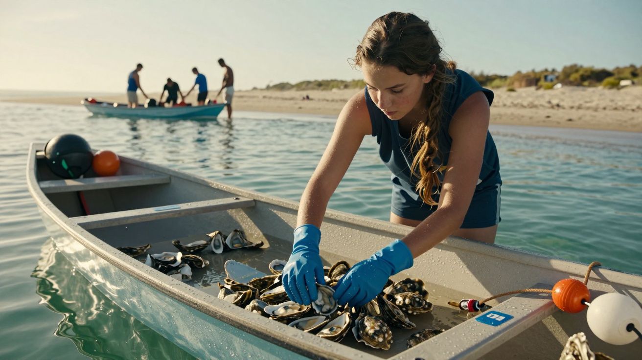 Mujer con guantes azules recolectando ostras en un bote pequeño en el agua; personas y playa al fondo.