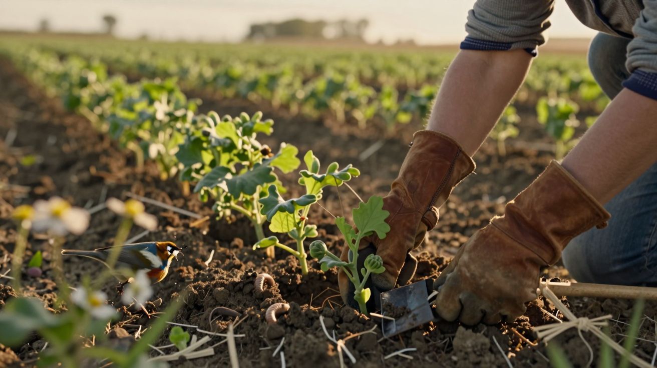 Persona con guantes de cuero cultiva plantas en un campo, mientras un pájaro observa cercano al suelo fértil.