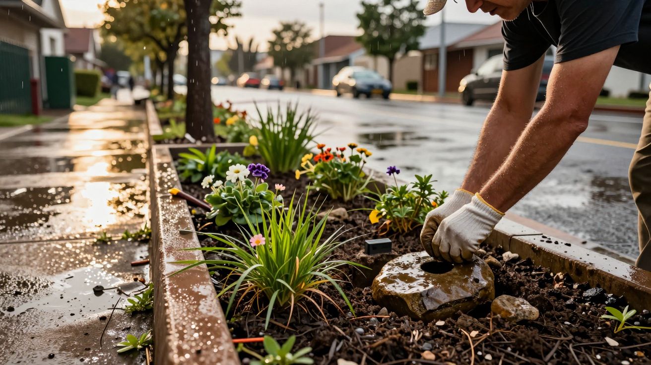 Persona jardinando en una acera mojada tras la lluvia, plantando flores coloridas frente a una fila de casas.