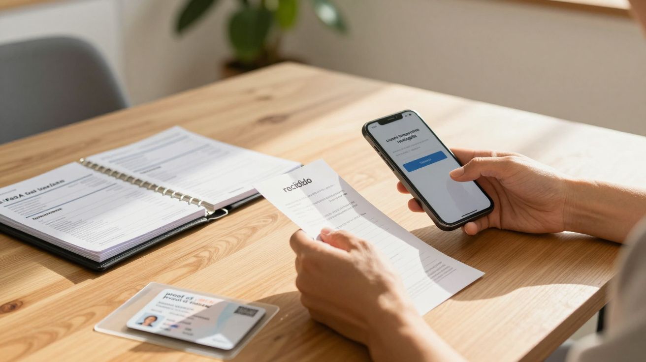 Persona con móvil, revisando un documento en la mano, junto a un cuaderno abierto y una identificación sobre la mesa.