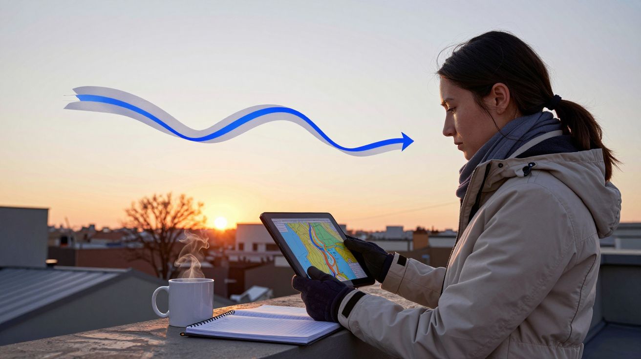 Mujer con abrigo usa tablet al atardecer en una azotea, junto a una taza humeante y un cuaderno. Flecha azul en el aire.