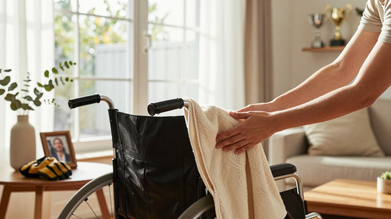 Manos colocando una toalla sobre una silla de ruedas en una sala de estar iluminada por el sol.