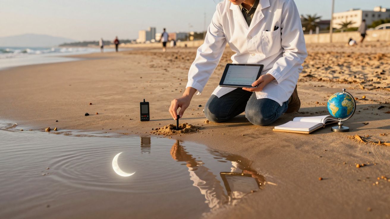 Científico en bata blanca analiza charco en la playa con tablet y pequeños instrumentos, luna reflejada en el agua.
