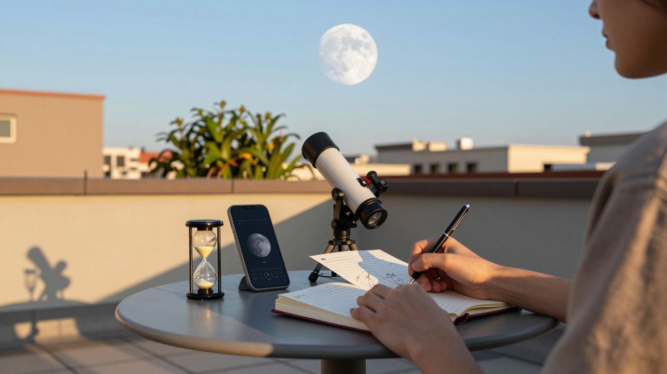 Persona con telescopio en terraza observando la luna, toma notas en un cuaderno junto a un reloj de arena y un móvil.