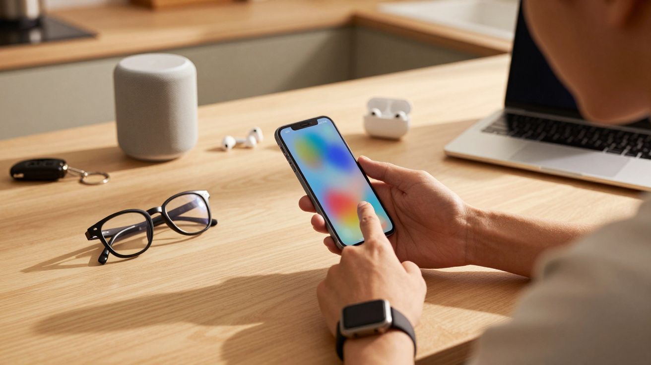 Persona usando un smartphone en una mesa de madera, junto a gafas, auriculares, portátil y altavoz inteligente.