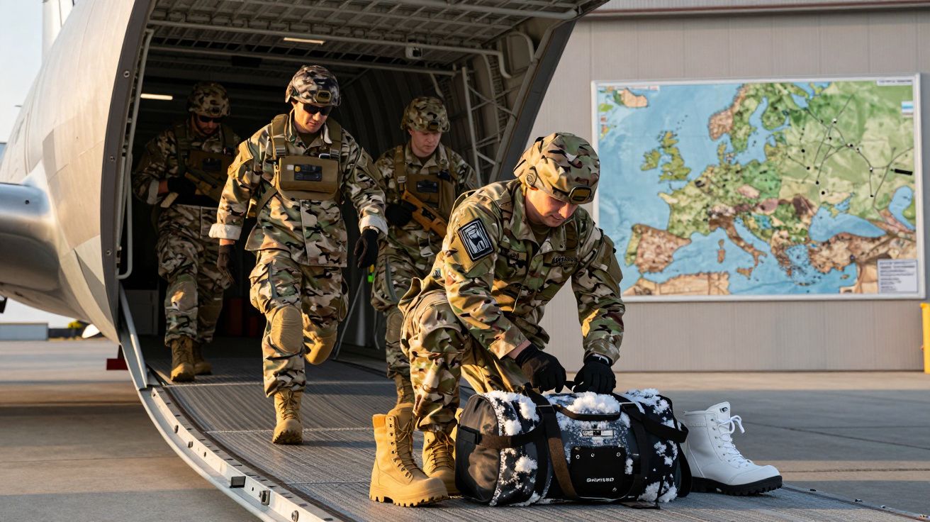 Soldados en uniforme de camuflaje bajan de un avión, uno revisa una bolsa cubierta de nieve. Mapa de Europa al fondo.