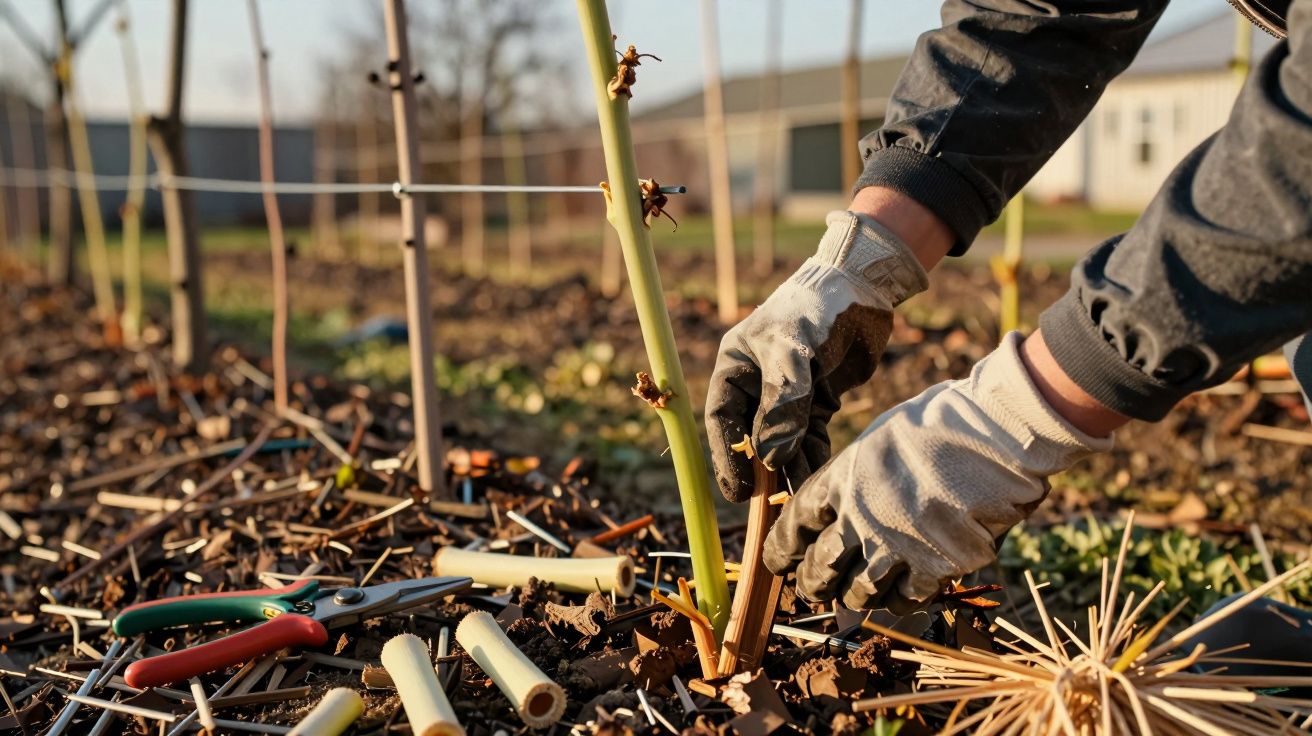 Manos con guantes plantando brote en huerto con herramientas sobre el suelo.