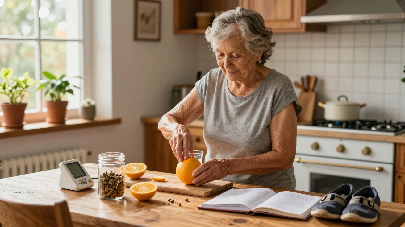Mujer mayor exprimiendo naranjas en la cocina, con plantas y una libreta sobre la mesa.