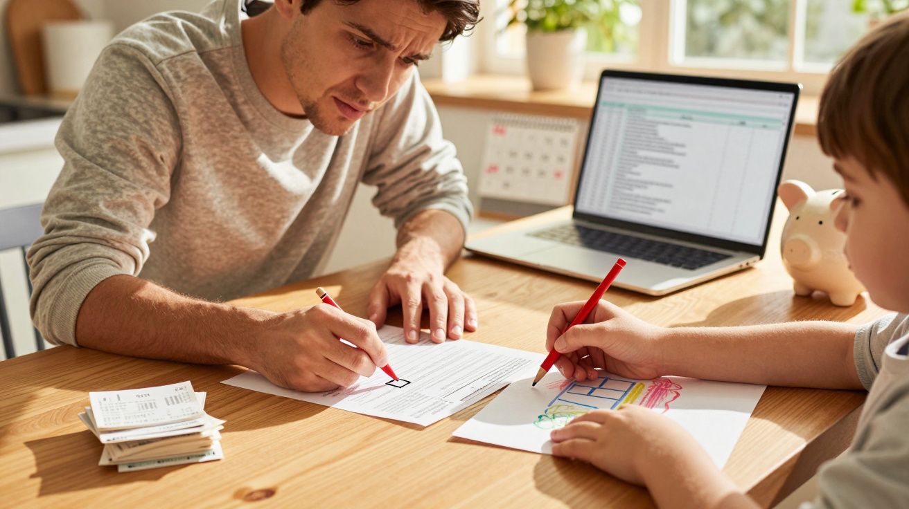 Hombre enseñando a niño a hacer tareas en una mesa con papeles, ordenador portátil y hucha en forma de cerdito.