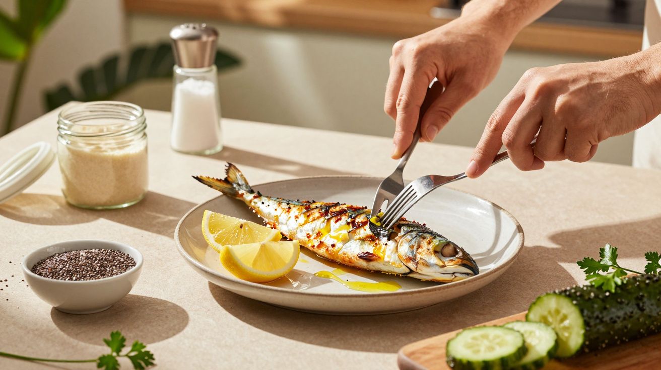 Persona cortando pescado asado con limón en un plato, rodeado de ingredientes como pepino, sal y semillas en la mesa.