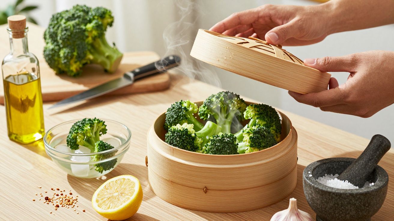 Manos levantan la tapa de un vaporera de bambú con brócoli humeante. Alrededor hay limón, aceite y otros ingredientes.