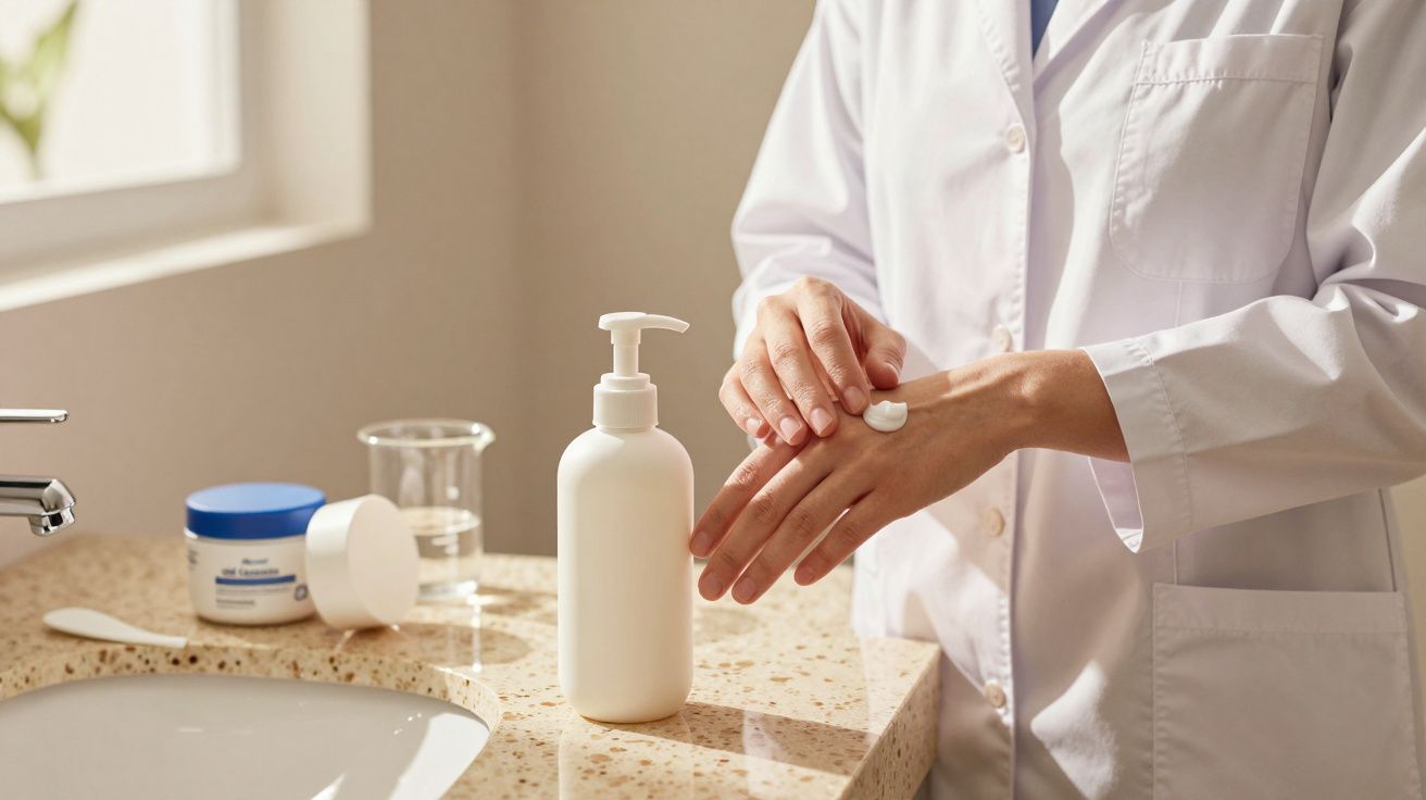 Persona aplicando crema en las manos, junto a frasco con dosificador sobre encimera de baño.