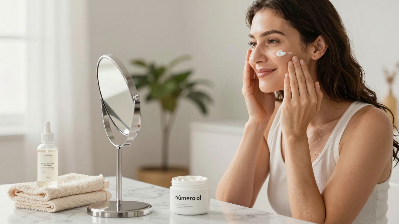 Mujer aplicando crema facial frente a un espejo en un baño, con toallas y productos de cuidado de la piel en la encimera.