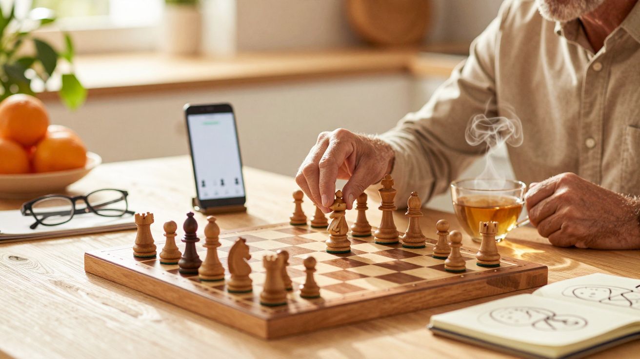 Hombre mayor jugando ajedrez en una mesa con móvil, gafas y taza de té. Frutas al fondo.