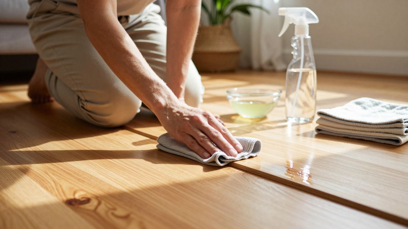 Manos limpiando suelo de madera con paño; hay un cuenco, botella de spray y toallas cerca.