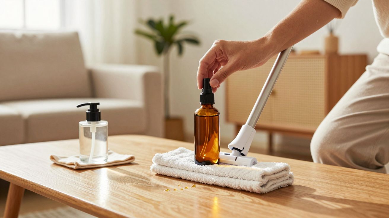 Persona limpiando mesa de madera con un paño blanco, botella ámbar y dispensador de jabón en un salón luminoso.