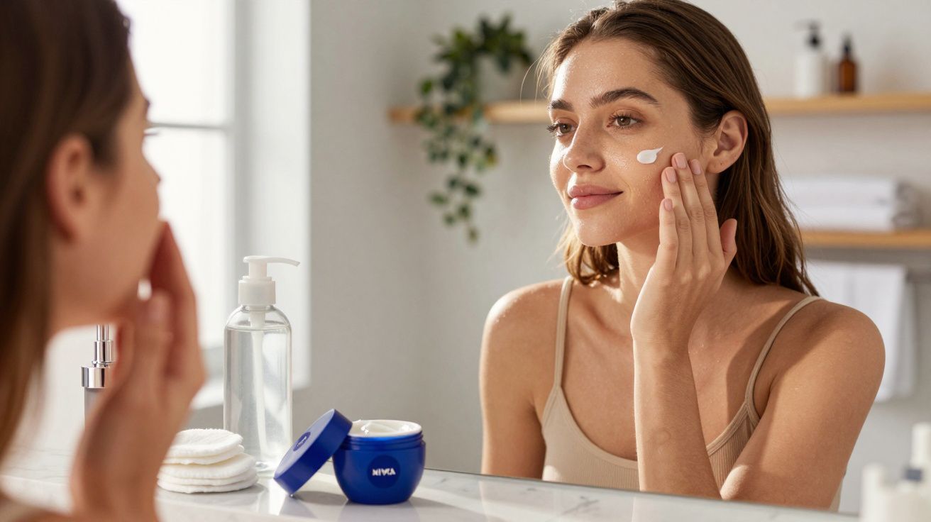 Mujer aplicándose crema facial frente al espejo, bote azul de Nivea sobre la encimera.