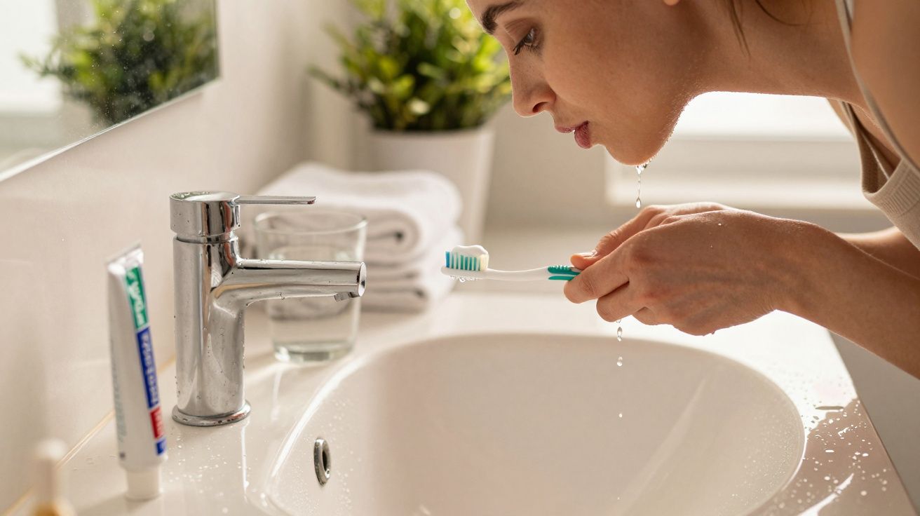 Mujer inclinada en el lavabo, sosteniendo un cepillo de dientes sobre el grifo en un baño luminoso.
