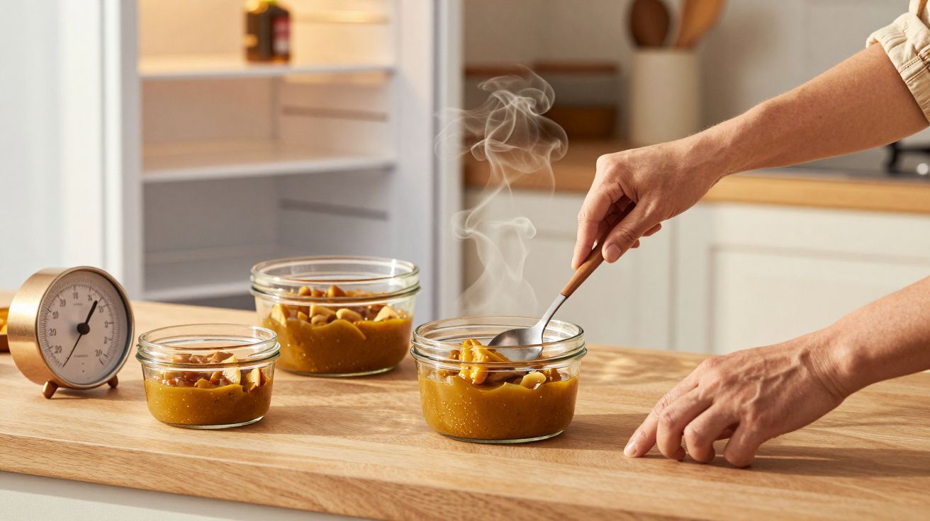 Manos sirviendo sopa caliente en tarros de cristal sobre encimera de cocina, con un temporizador al lado.