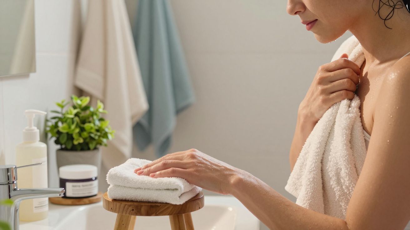 Mujer secándose con toalla blanca en el baño, tocando toalla doblada sobre taburete de madera junto a lavabo y planta.