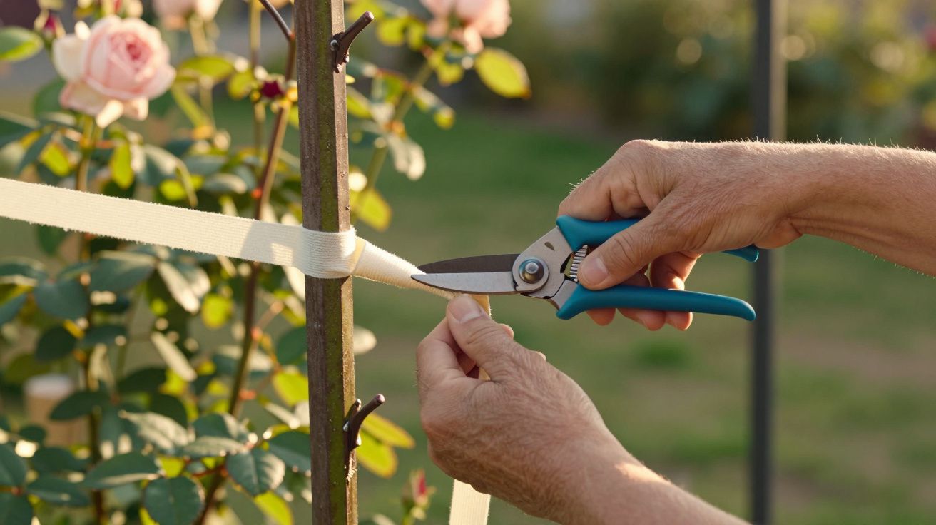 Manos cortando cinta blanca alrededor de un tallo de rosal con tijeras de podar.