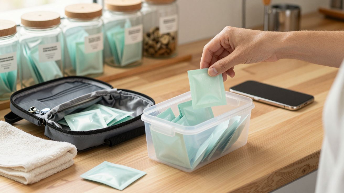 Mano tomando paquete verde de caja plástica en cocina, junto a bote y toalla blanca.