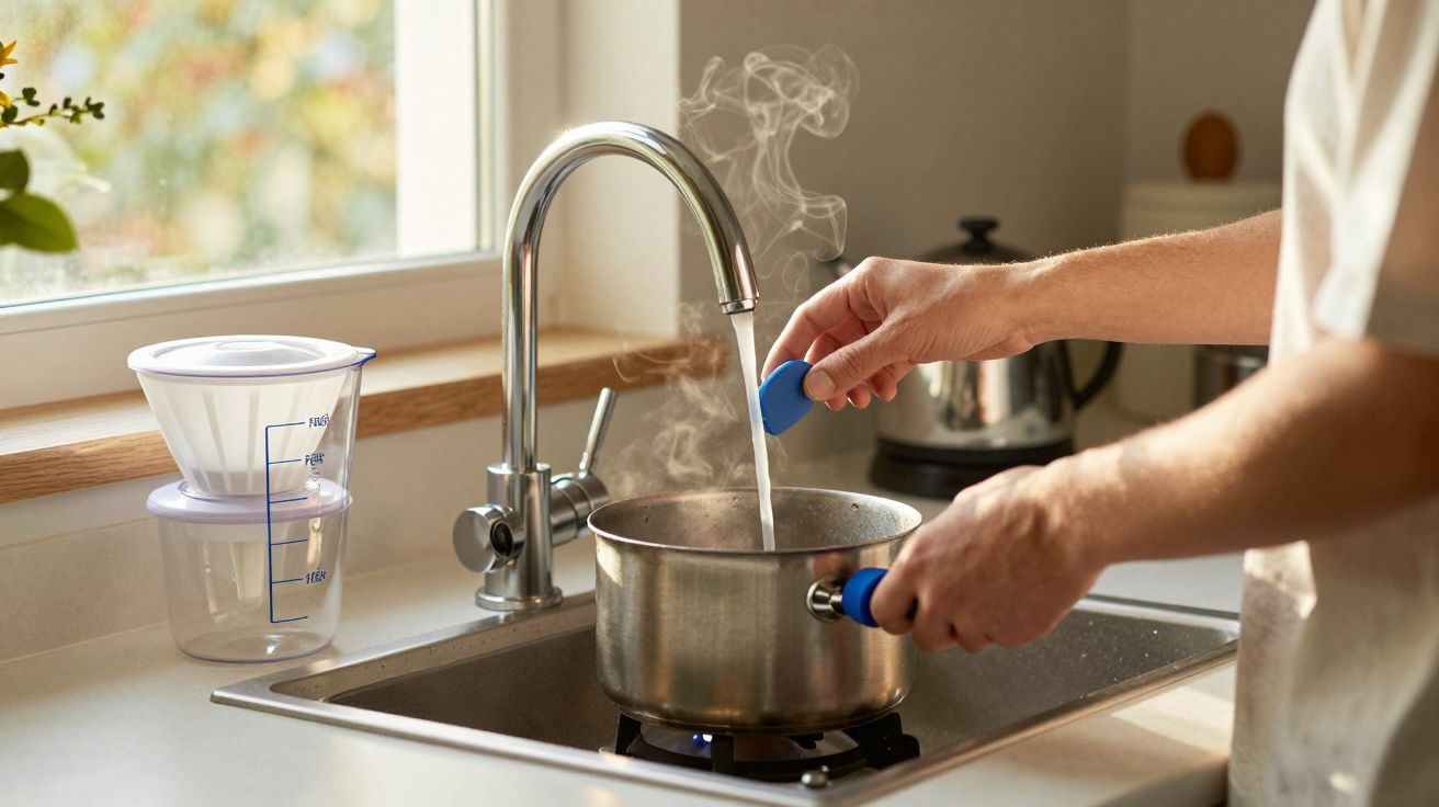 Persona vertiendo agua en una olla humeante sobre una hornilla encendida en una cocina moderna.