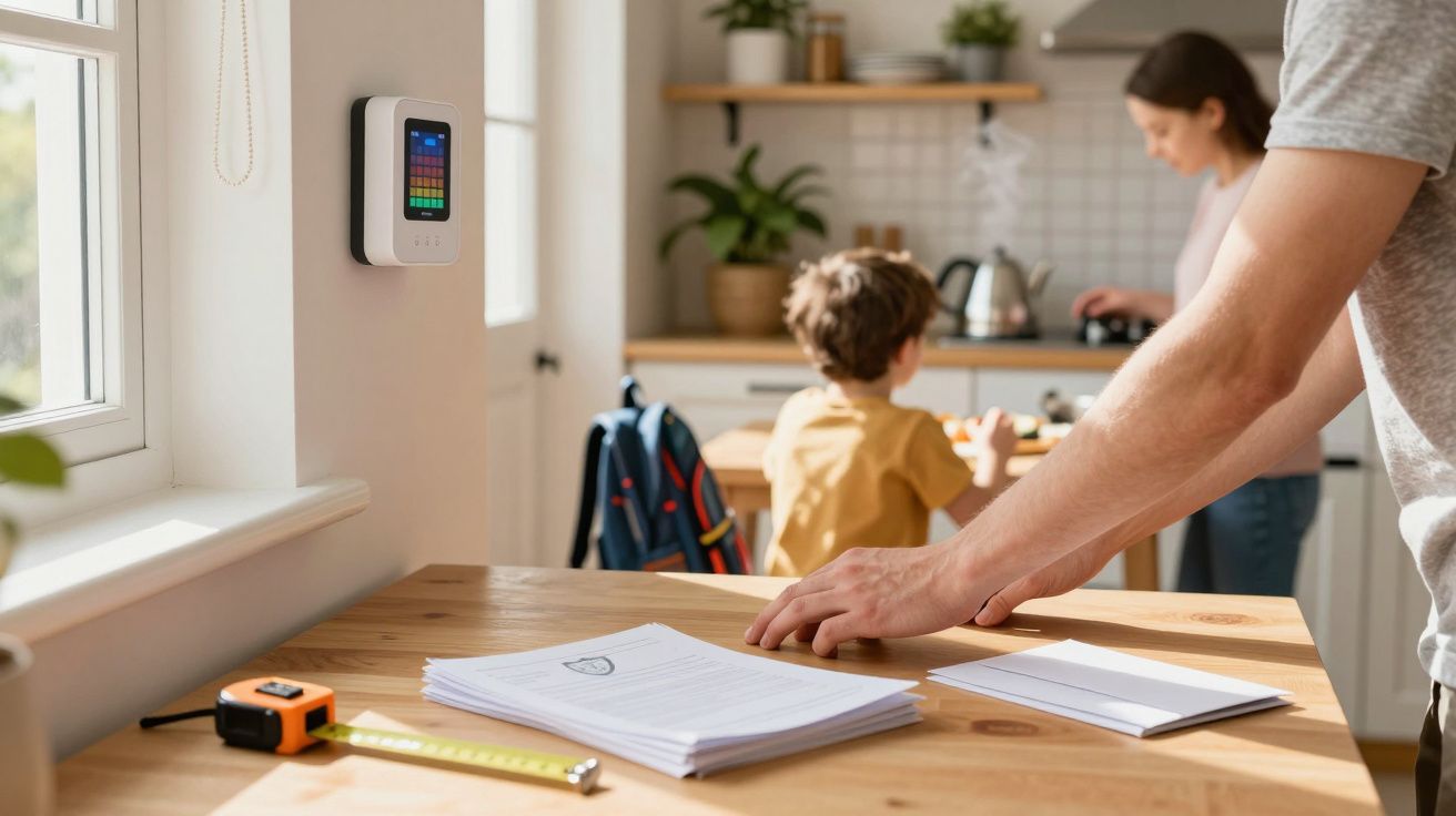 Persona organizando documentos en una cocina luminosa mientras un niño y un adulto están al fondo.