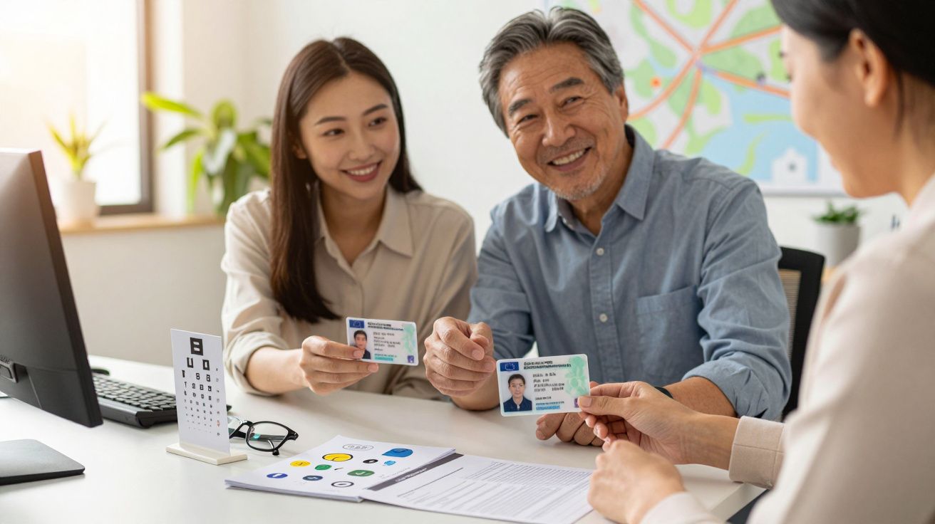 Personas mostrando tarjetas de identificación en una oficina mientras hablan con una persona al otro lado del escritorio.
