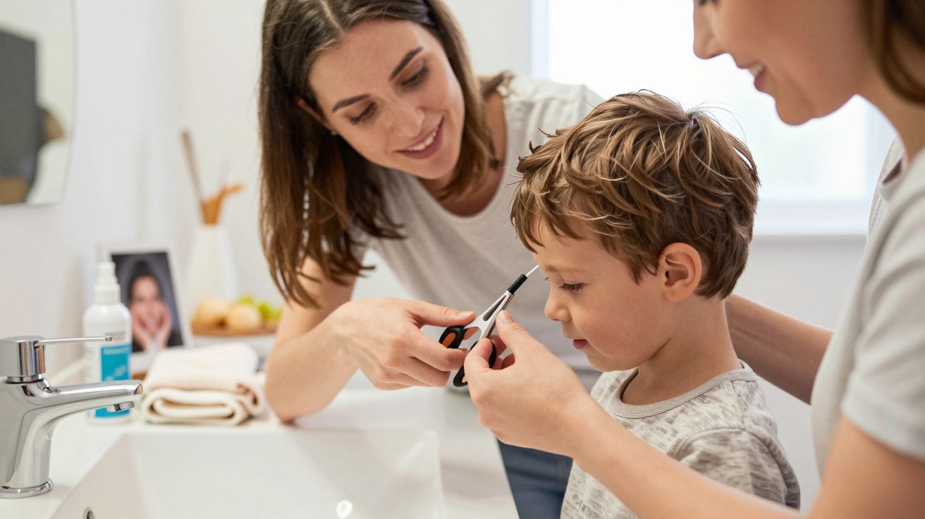 Madre cortando el flequillo con tijeras a su hijo pequeño en el baño, mientras otra persona sonríe observando.