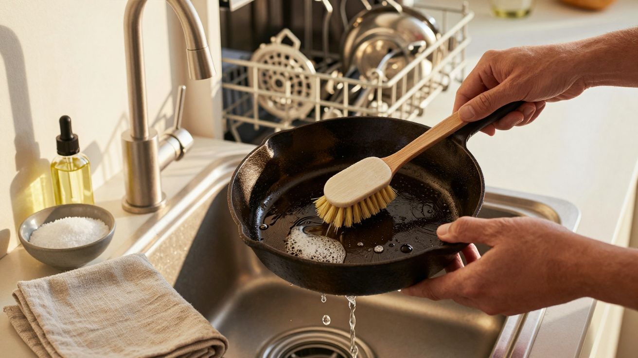 Manos lavando una sartén de hierro fundido en un fregadero con un cepillo de cerdas naturales.