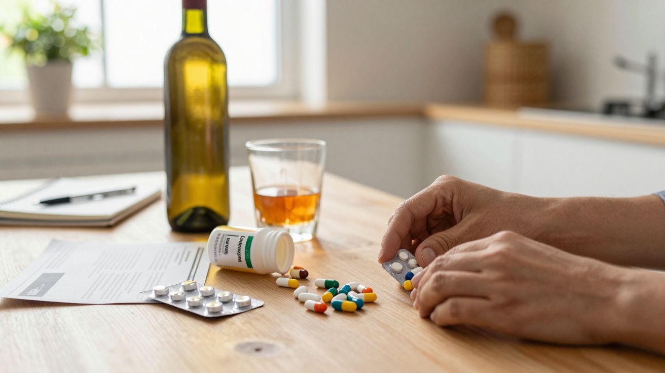 Manos tomando pastillas en una mesa con botella de licor, vaso, y papeles.