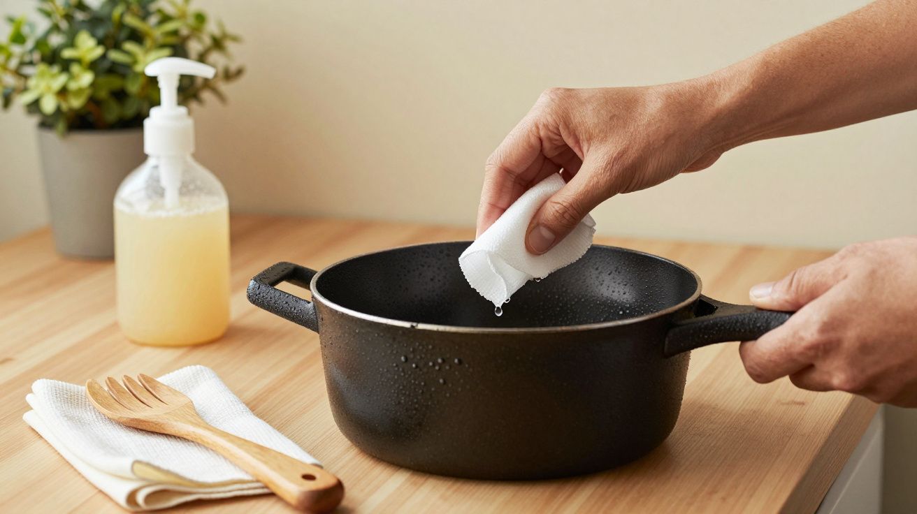 Persona limpiando una olla con una esponja blanca en una cocina, junto a un dispensador de jabón y utensilios de madera.