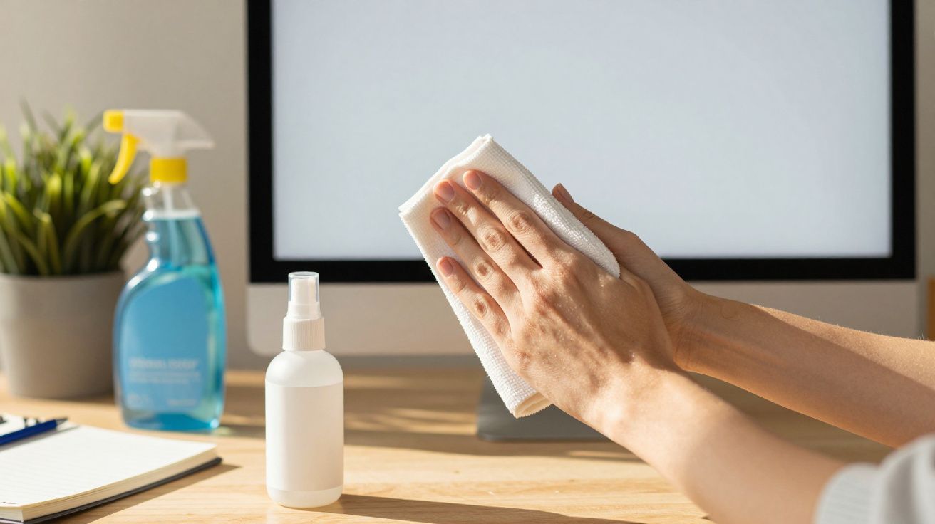 Manos limpiando una pantalla de ordenador con un paño, botellas de spray y planta en el fondo sobre el escritorio.