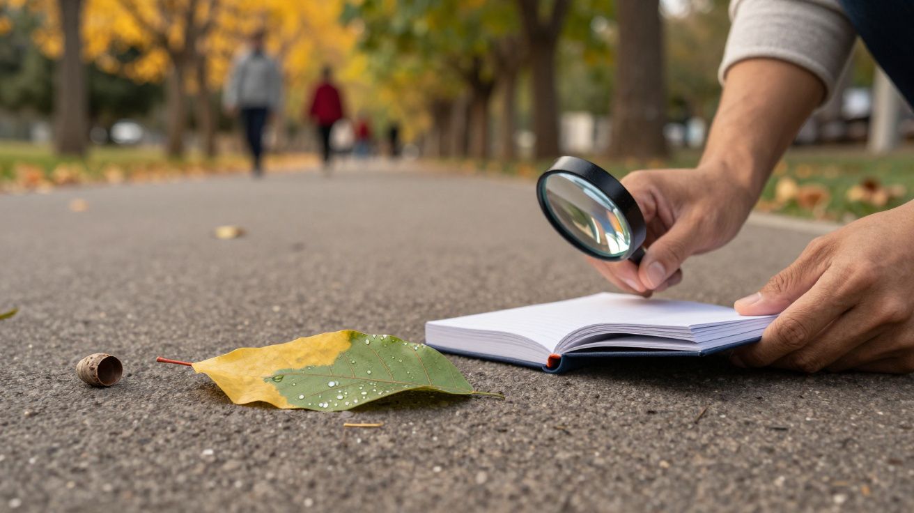 Manos usando lupa sobre un cuaderno en el suelo junto a una hoja y una bellota en un parque.