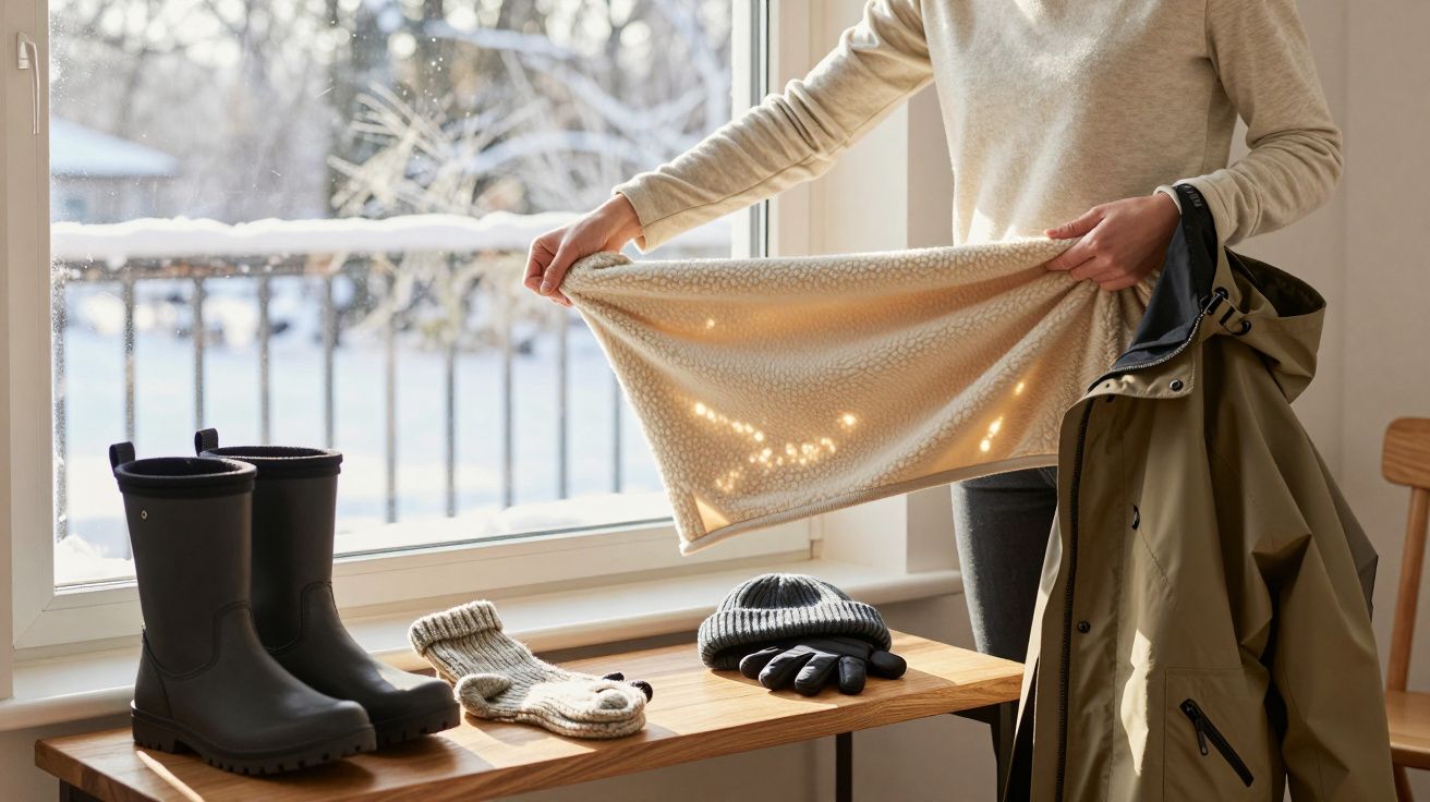Persona sosteniendo una manta junto a una ventana nevada, con botas, guantes, gorro y abrigo sobre la mesa de madera.