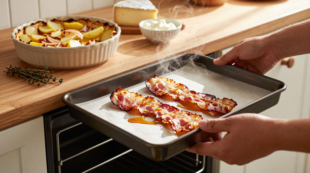 Manos sacan bandeja con lonchas de bacon humeante del horno; en el fondo, un plato con patatas y cebollas.