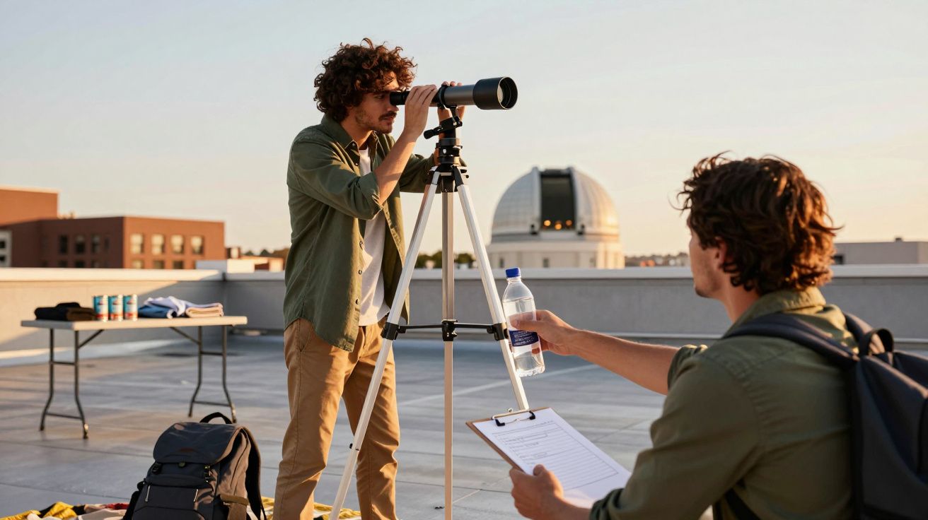 Dos personas observan el cielo con un telescopio en una azotea, al atardecer, con un observatorio al fondo.